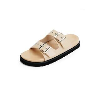 Easyfox Slides Sandals Shoes Women's Double Buckle Adjustable Nude (Tan) NEW